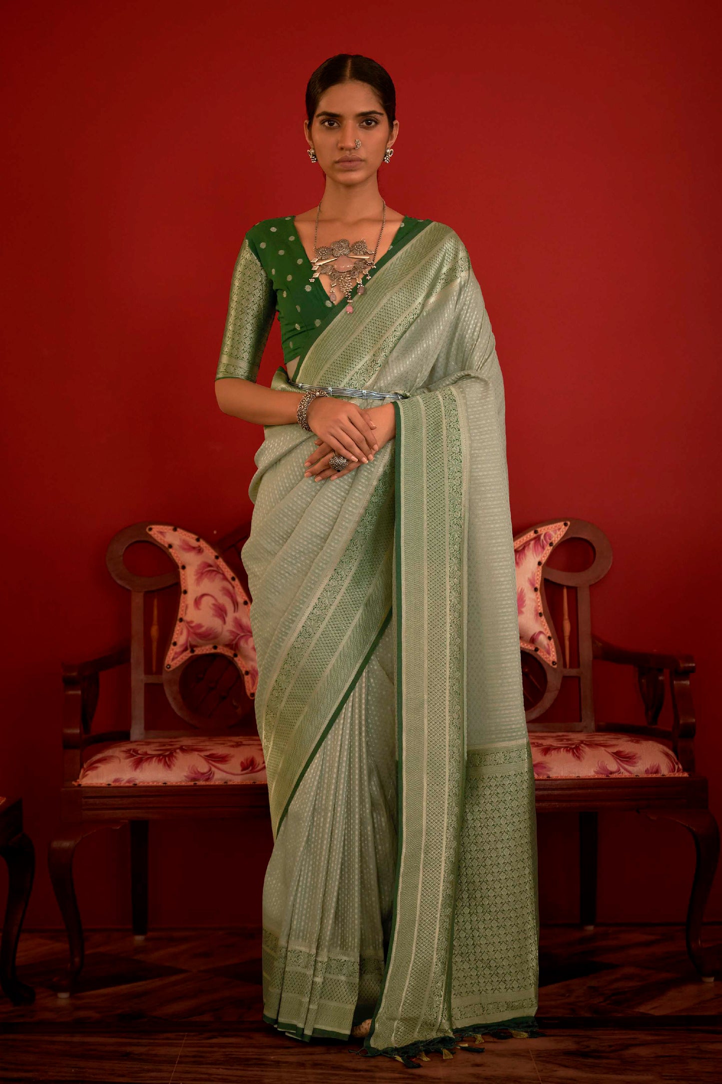 Pale Green Soft Kanjivaram Silk Saree with Dark Green Pattu Border