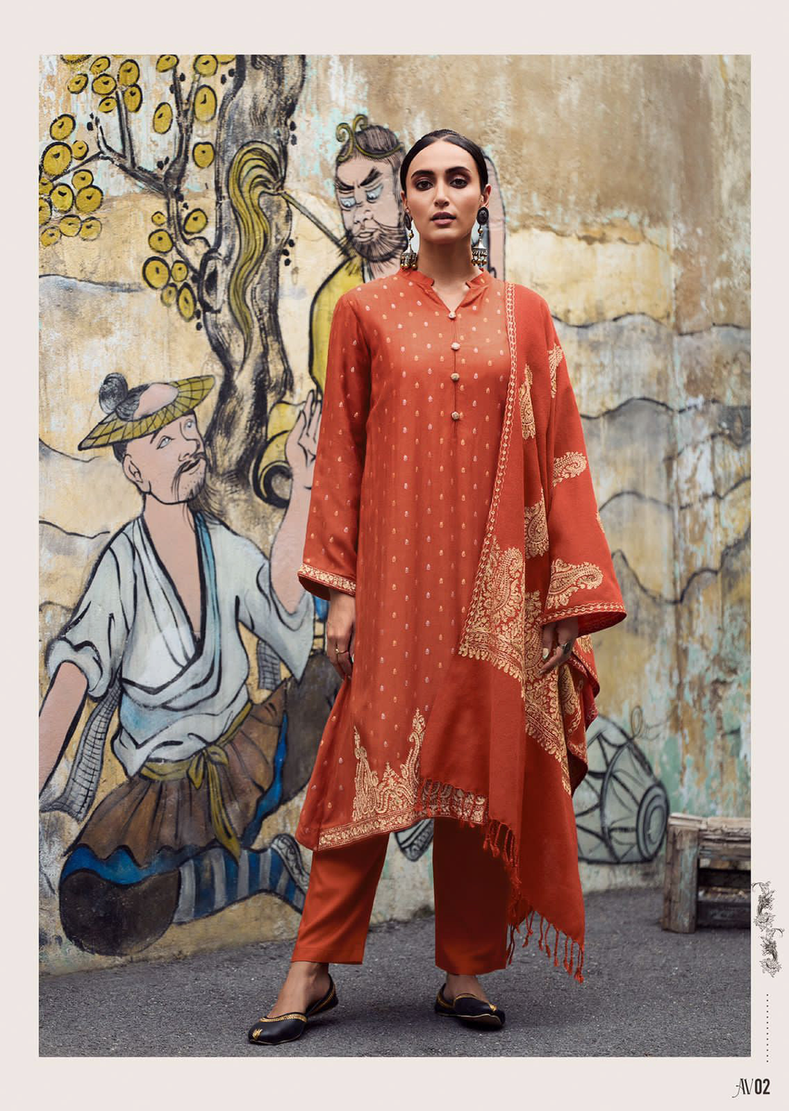 Coral Orange Pashmina Inspired Paisly Design One Color Suit Pant and Dupatta