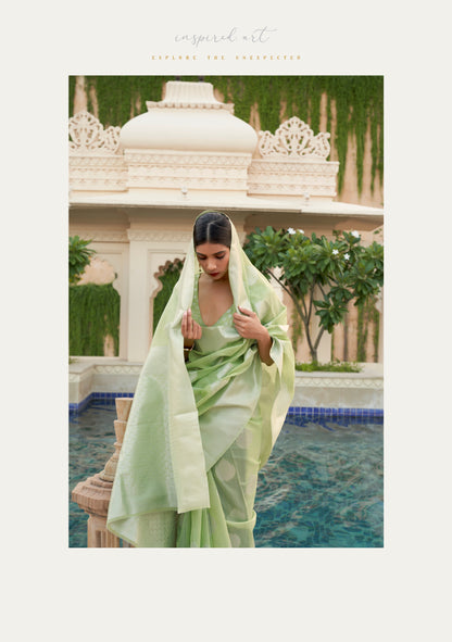 Mint Green Woven Linen Silk Saree Blouse with Banarasi Butti