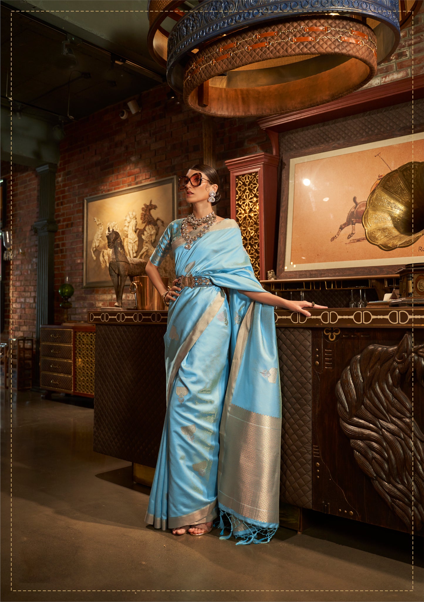 Baby Blue Designer Kanjivaram Saree With Copper Zari Pallu