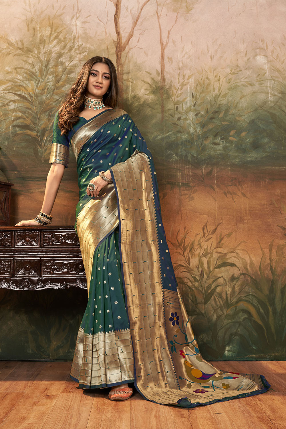 Hunter Green Banarasi Paithani Saree with Parrot Pallu and Broad Zari Border