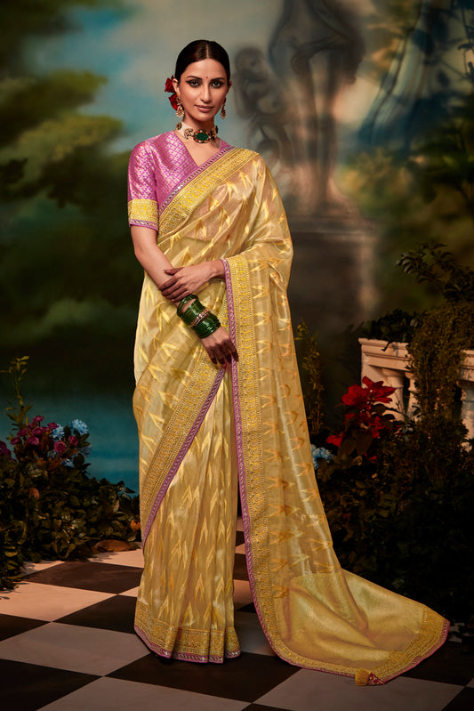 Golden Feather Light Organza Saree with Designer Blouse