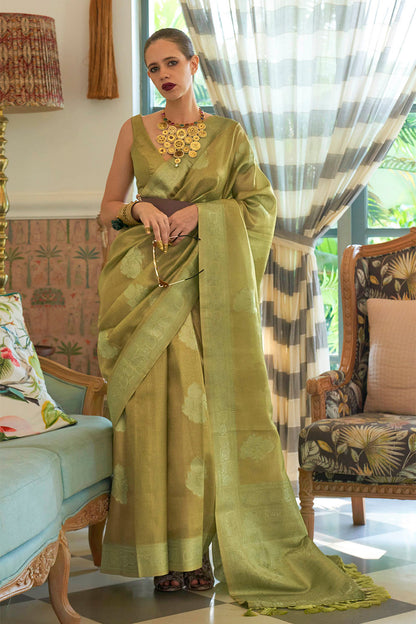 Olive Green  Soft Kanjivaram Silk Saree with Blouse