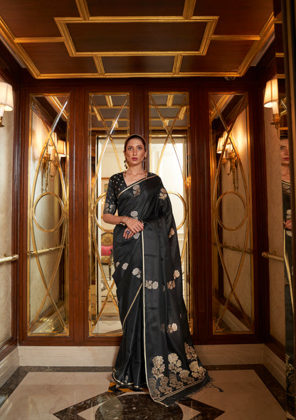 Black & Gold Pure Satin Silk Handloom Weaving Saree