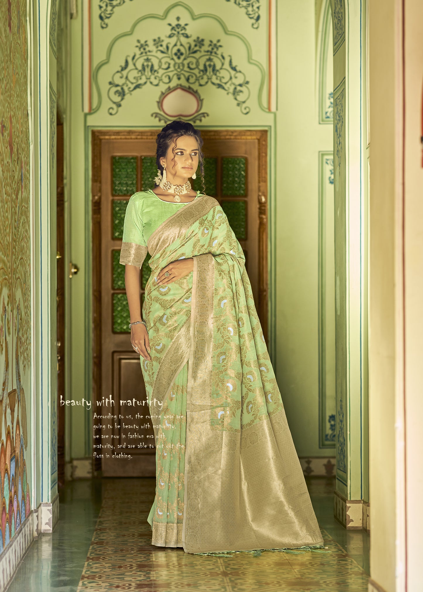 Powder Green Banarasi Jungla Jaal Zari Woven Saree for Weddings