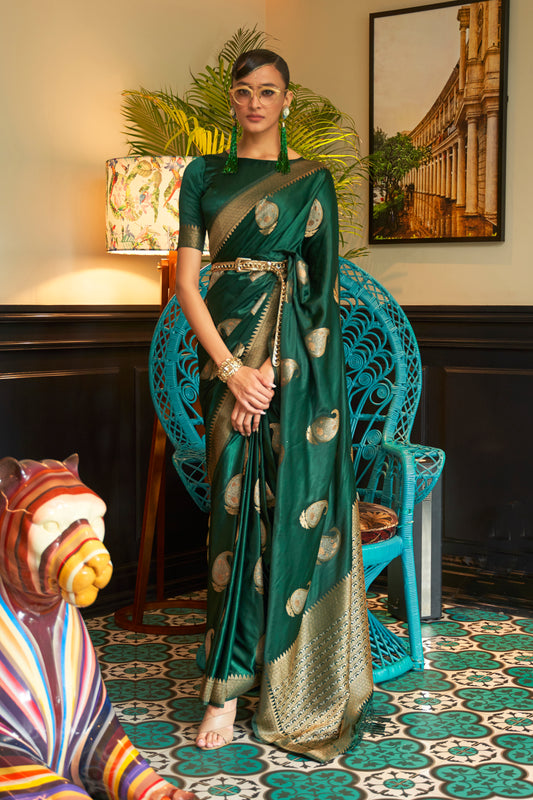 Sacramanto Green Pure Satin Two Tone Weaving Silk Saree For Wedding