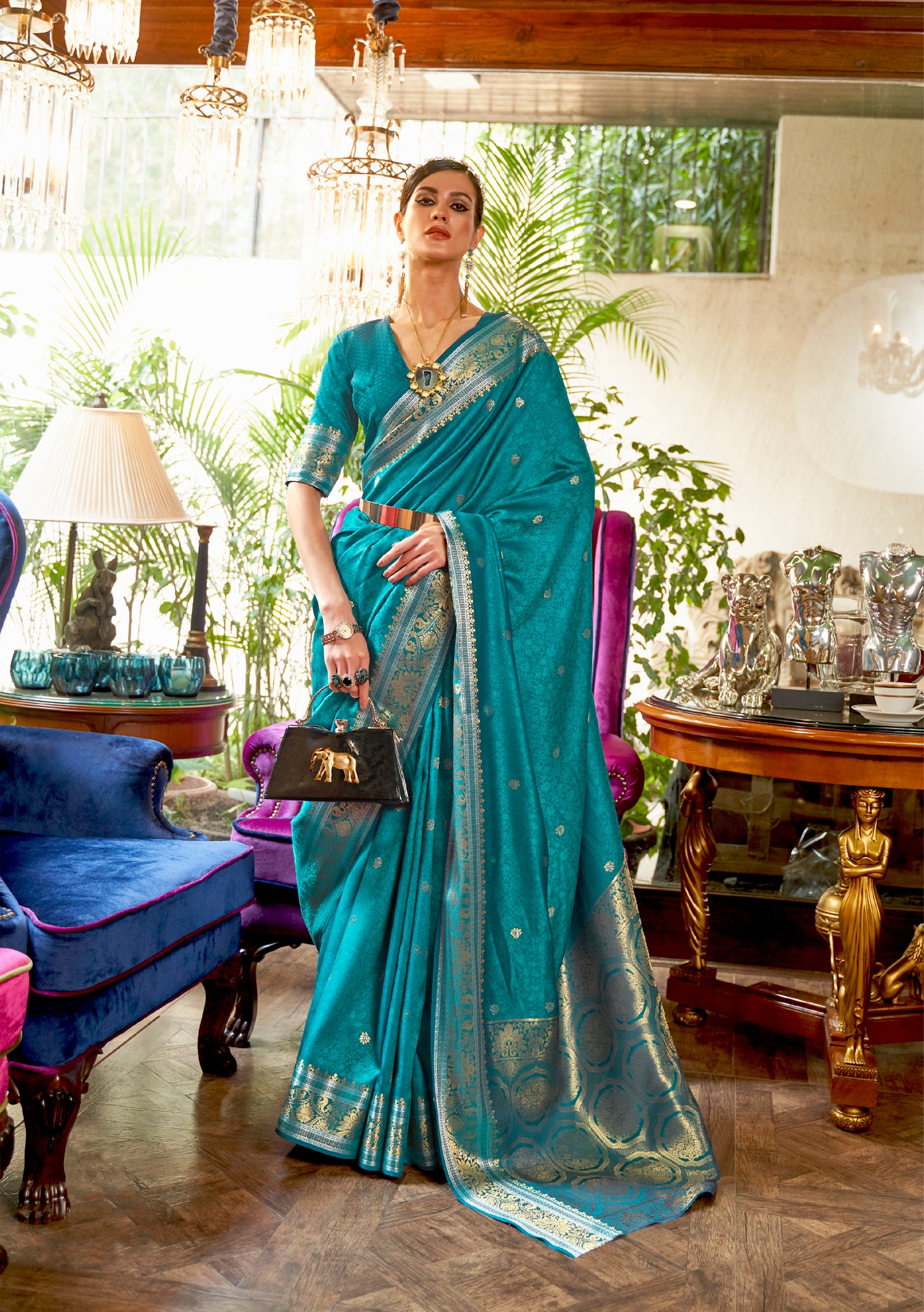 Olympic Blue Soft Banarasi Silk Saree with Golden Zari Weaving