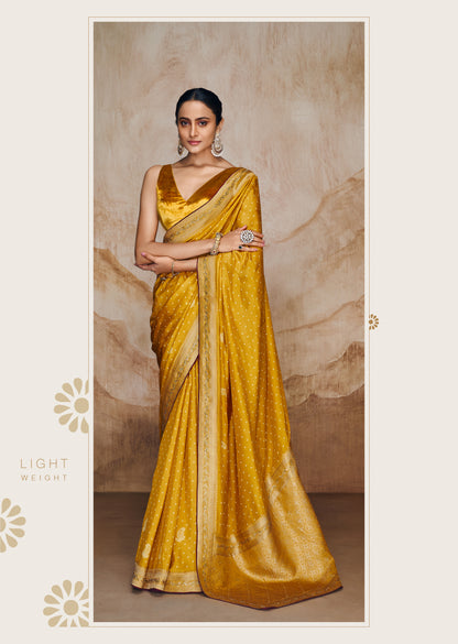 Mustard Yellow Bandhani Saree with Hand Embroidered Border and Velvet Blouse