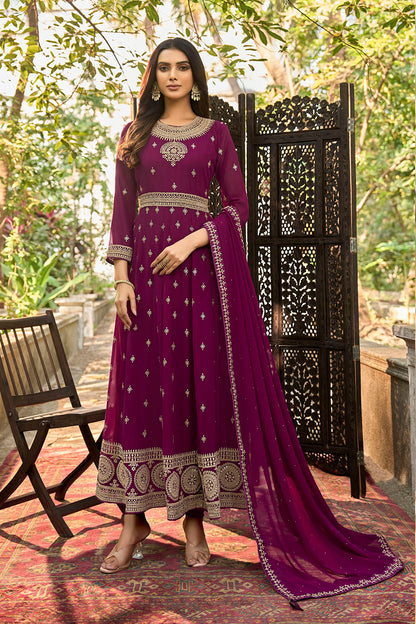 Beetroot Pink Embroidered Partywear Gown Suit with Dupatta