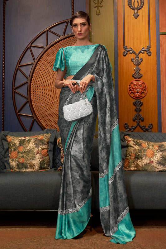 Grey Designer 3d Printed Soft Satin Silk Saree with Blouse