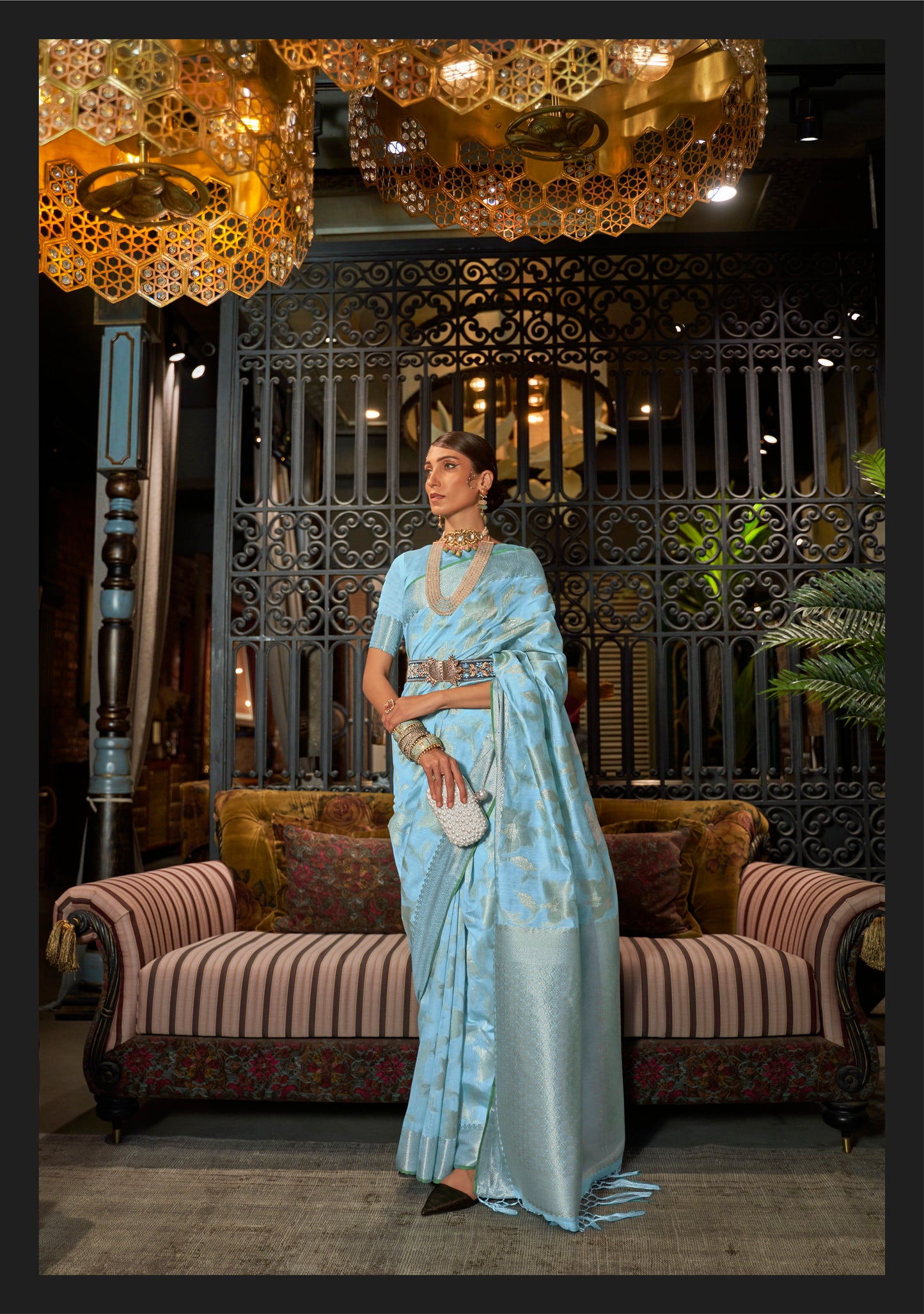 Powder Blue Woven Banarasi Jungla Jaal Soft Silk Saree
