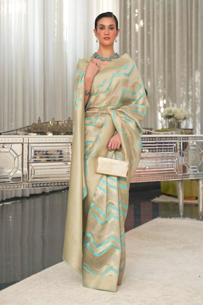 Sage Green Golden Soft Banarasi Organza Silk Saree with Blouse