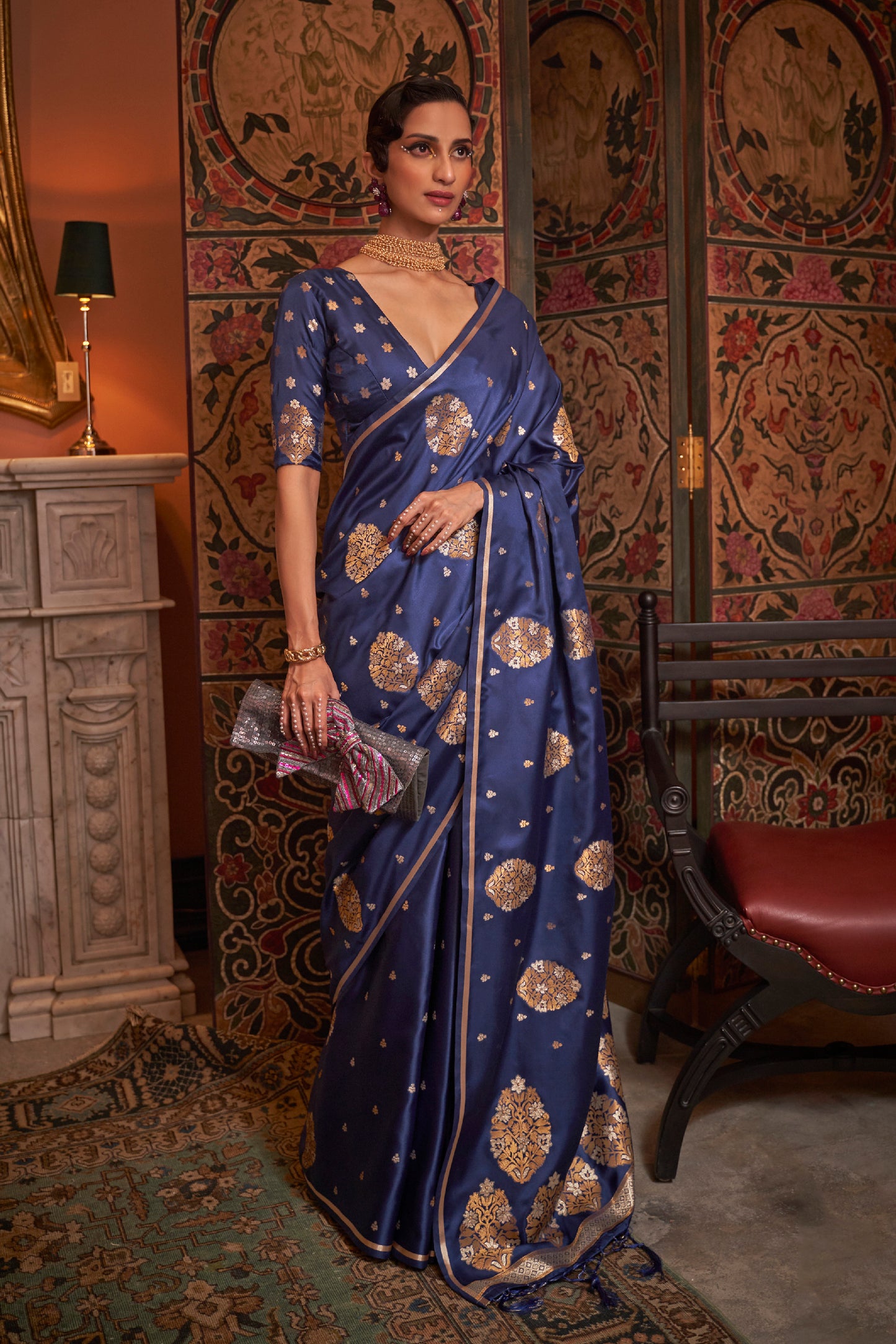 Deep Blue Pure Satin Weaving Silk Saree with Dual Zari Butti