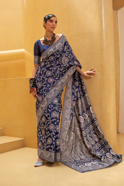 Woven Chikankari Saree with Imperial Blue Meenakari Zari Weaving