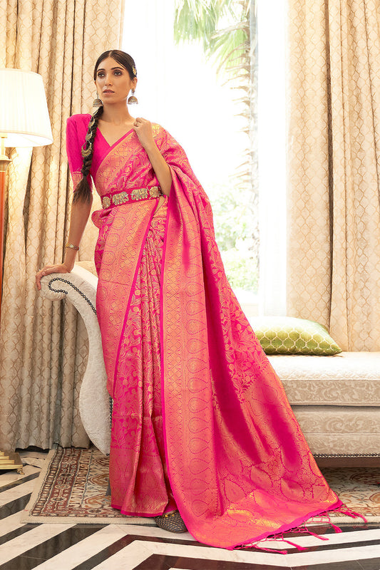 Hot Pink Woven Brocade Kanjivaram Saree with Peacock Border