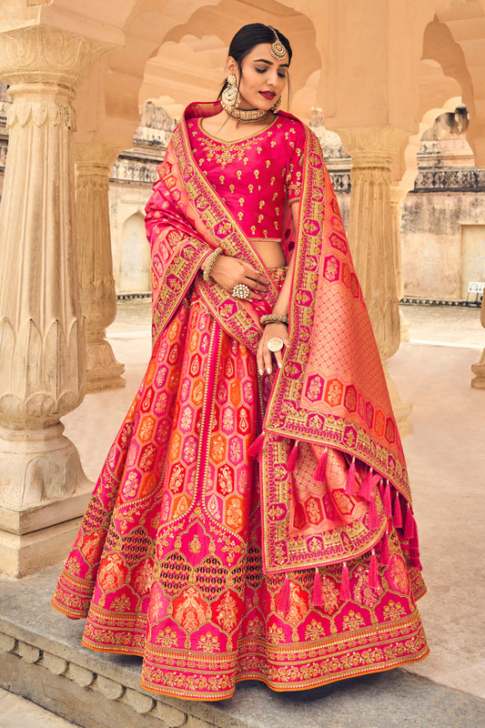 Red & Pink Stunning Crushed Silk Lahenga Choli