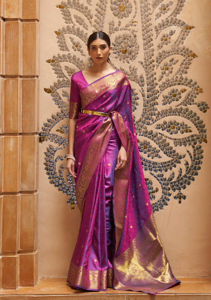 Mulberry Purple Soft Banarasi Silk Saree with Golden Zari Woven Border