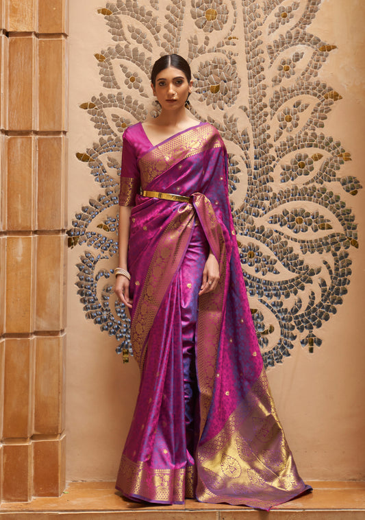 Mulberry Purple Soft Banarasi Silk Saree with Golden Zari Woven Border