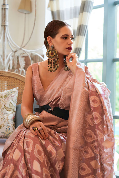 Pink Peach Soft Tissue Zari Jaal Weaving Saree for Weddings