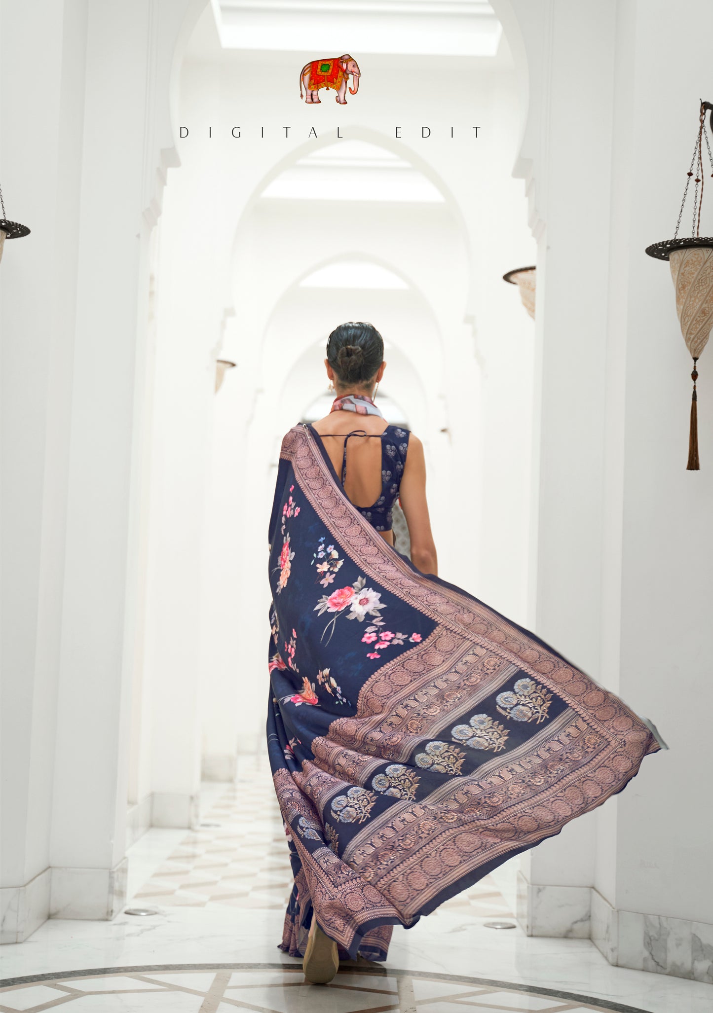 Ink Blue Floral Kalamkari Printed Saree with Blouse