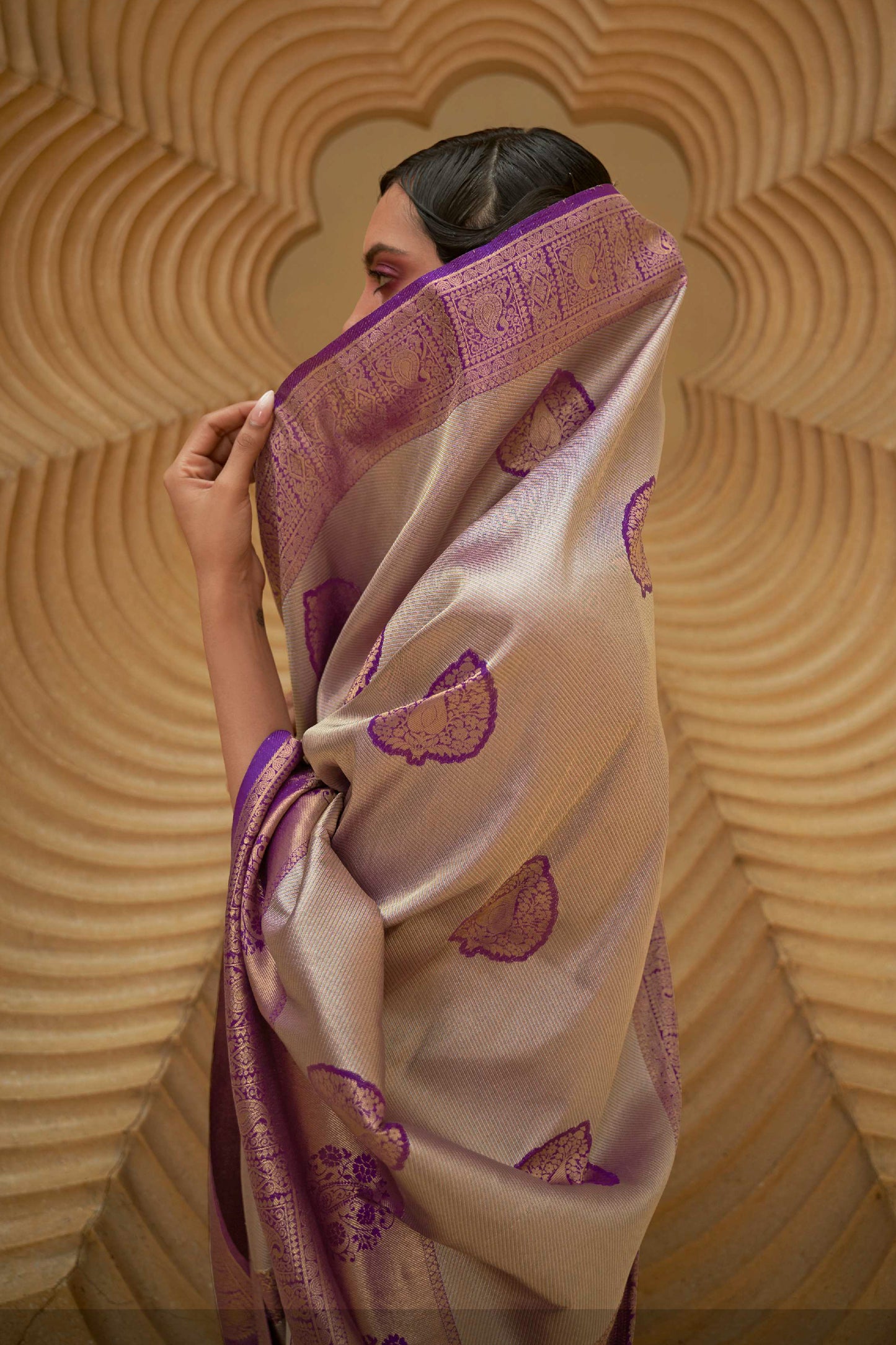 Midnight Purple and Copper Designer Kanjivaram Silk Saree with Antique Finish