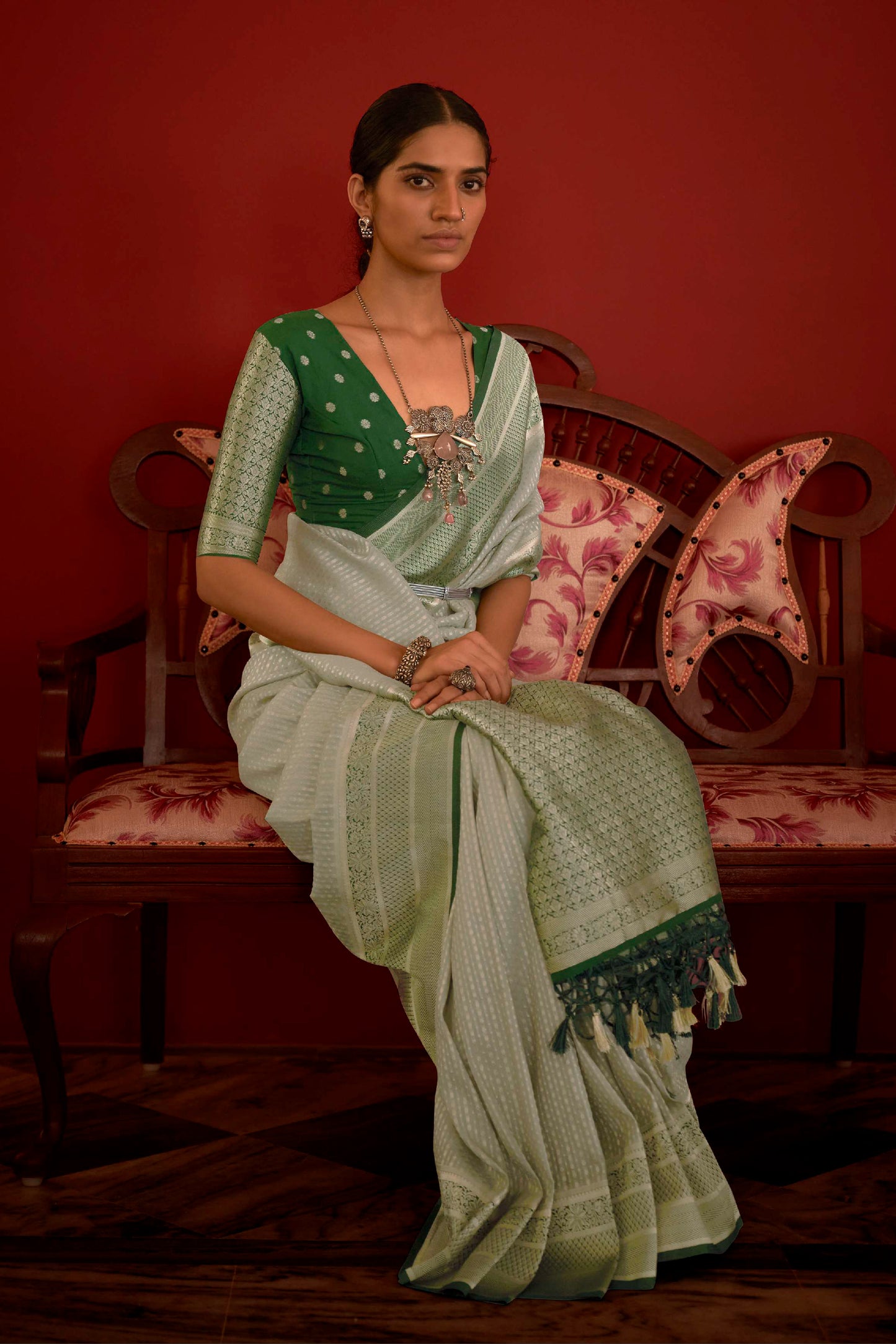 Pale Green Soft Kanjivaram Silk Saree with Dark Green Pattu Border