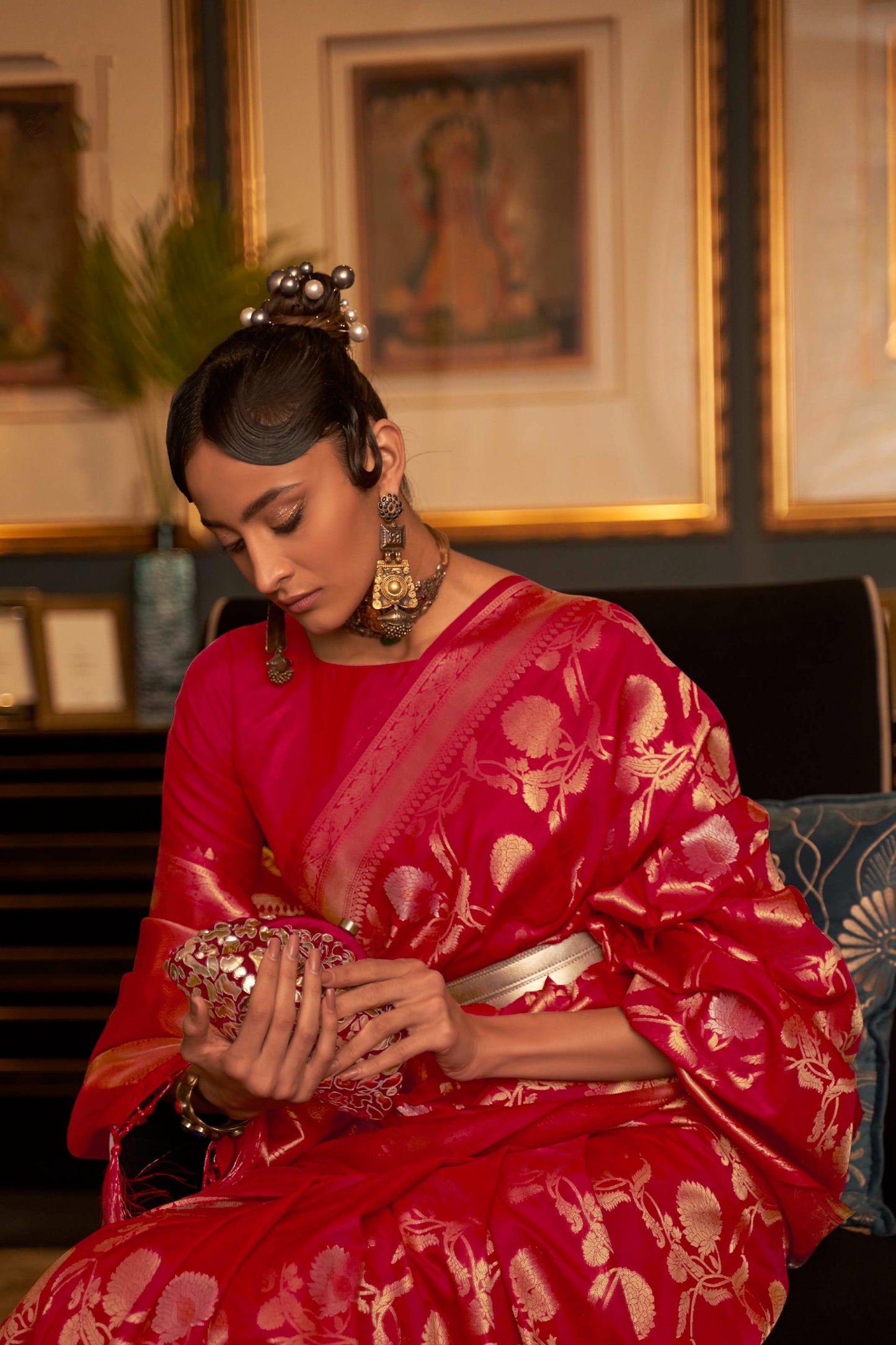 Bright Red Woven Banarasi Jungla Jaal Soft Silk Saree