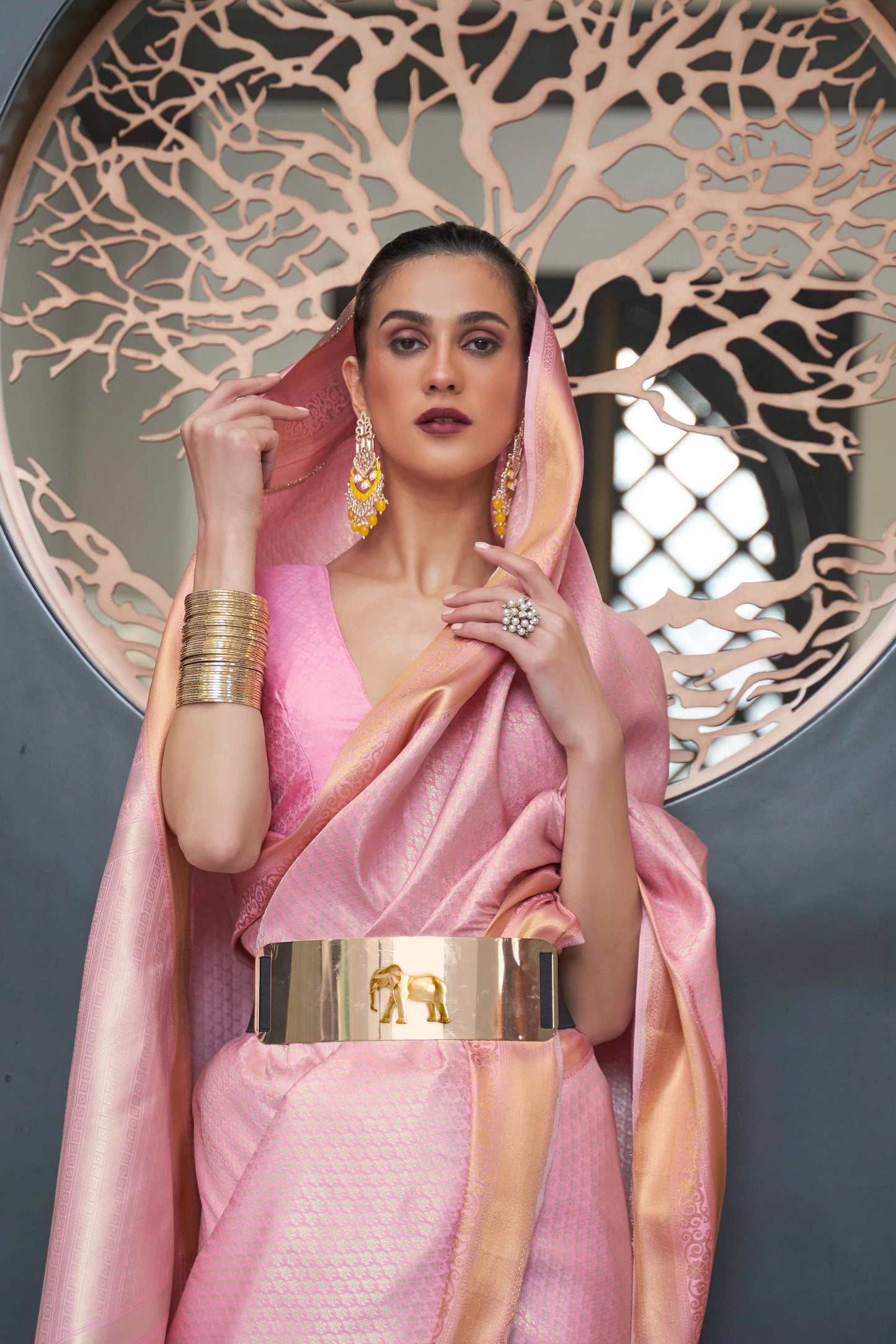 Lemonade Pink Golden Kanjivaram Silk Saree with Antique Finish & Glossy Texture