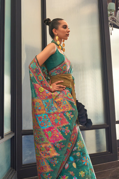 Moss Green Woven Kani Inspired Handloom Modal Silk Saree