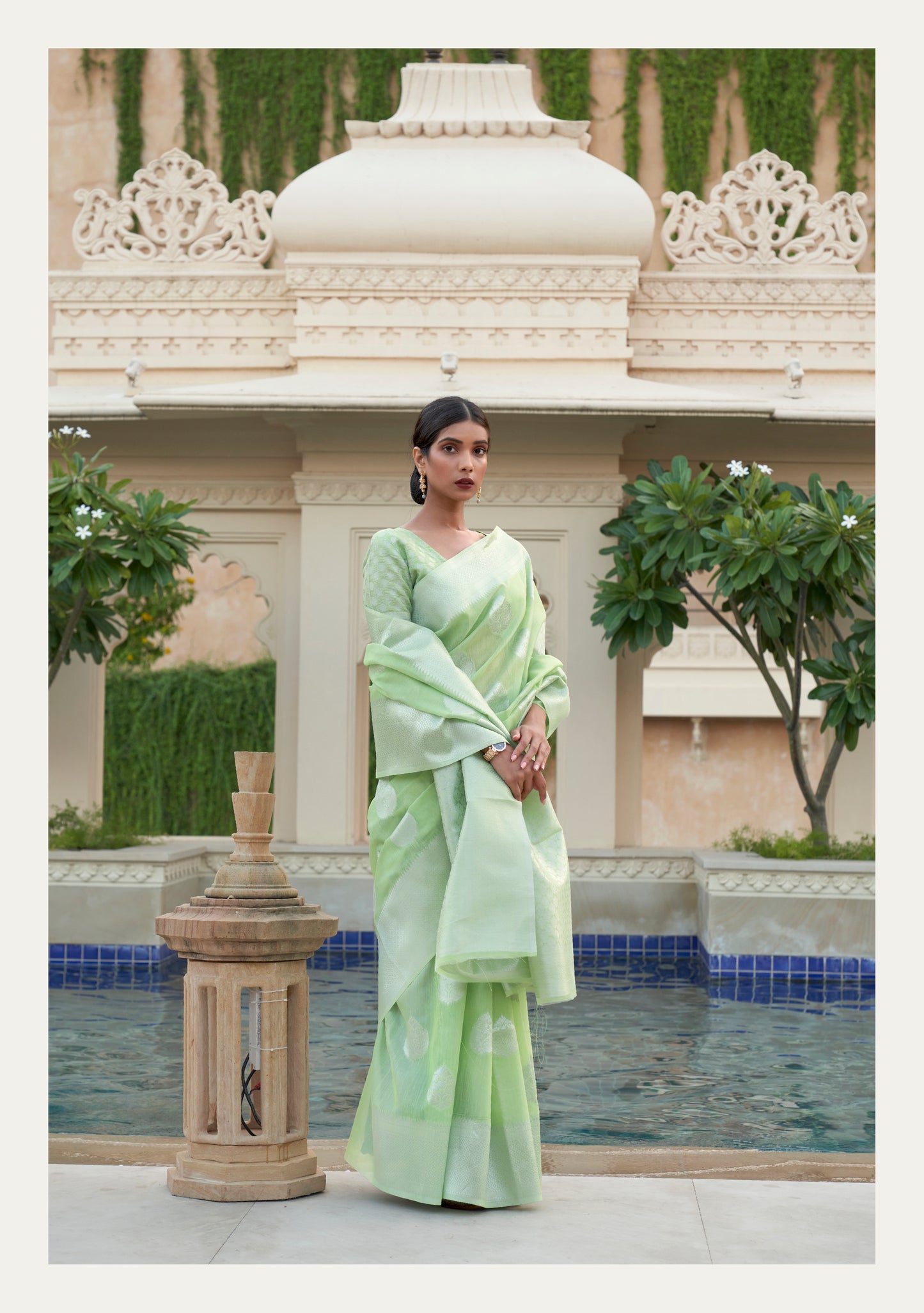 Mint Green Woven Linen Silk Saree Blouse with Banarasi Butti