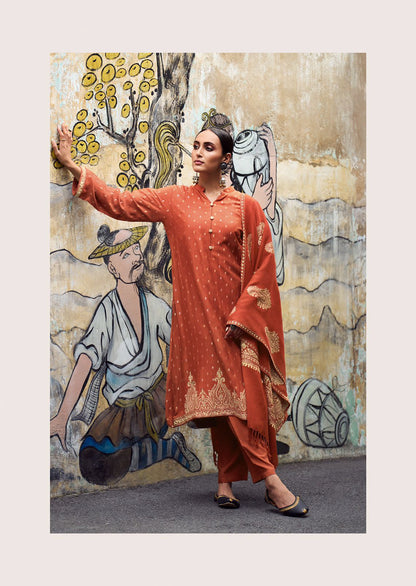 Coral Orange Pashmina Inspired Paisly Design One Color Suit Pant and Dupatta