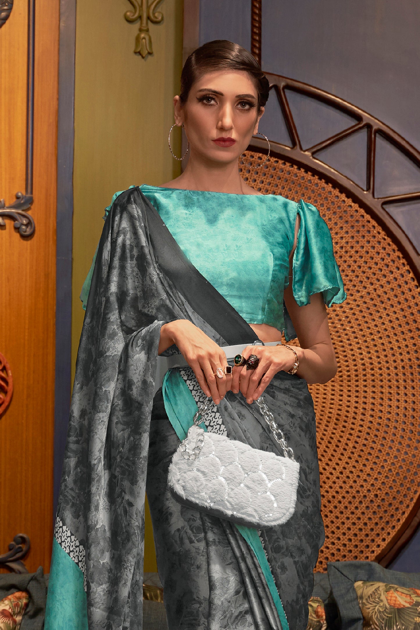 Grey Designer 3d Printed Soft Satin Silk Saree with Blouse