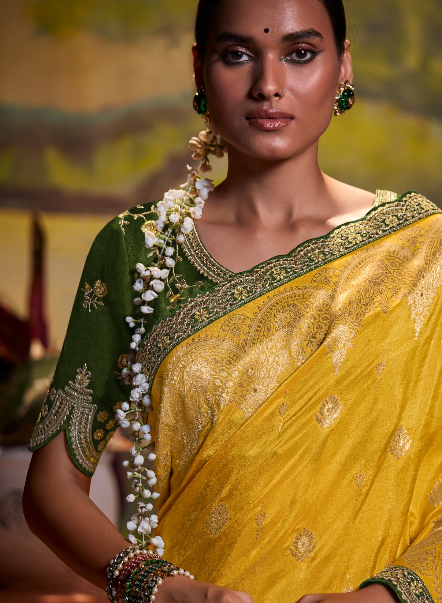 Bright Yellow Woven Banarasi Designer Saree with Henna Green Blouse