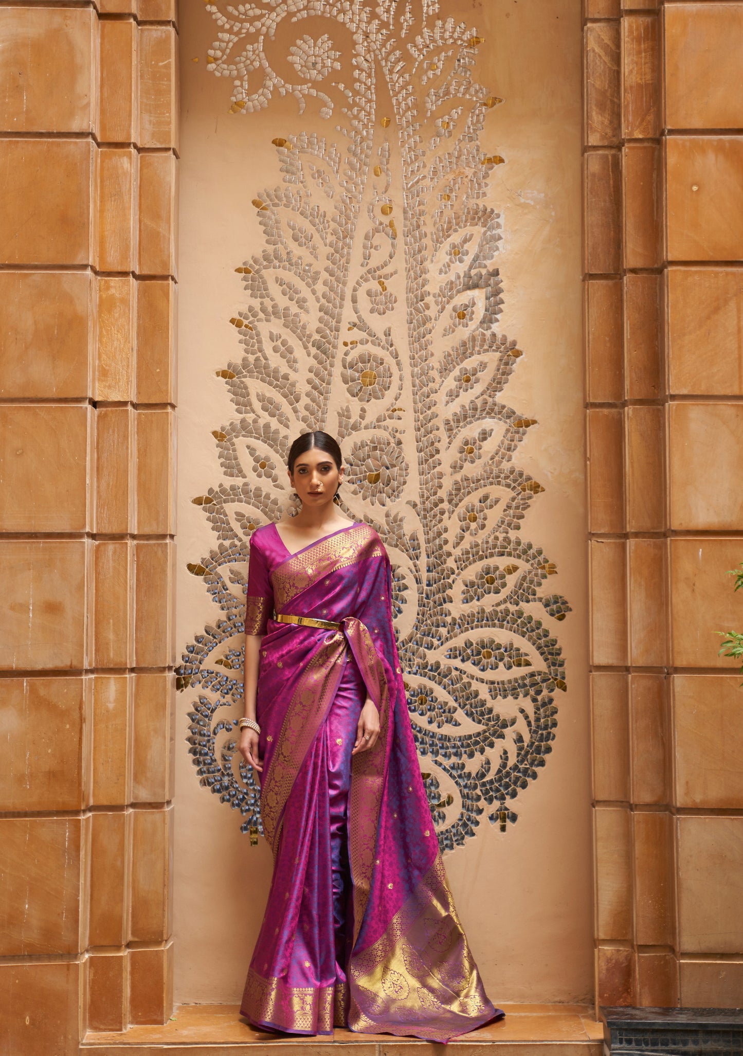 Mulberry Purple Soft Banarasi Silk Saree with Golden Zari Woven Border