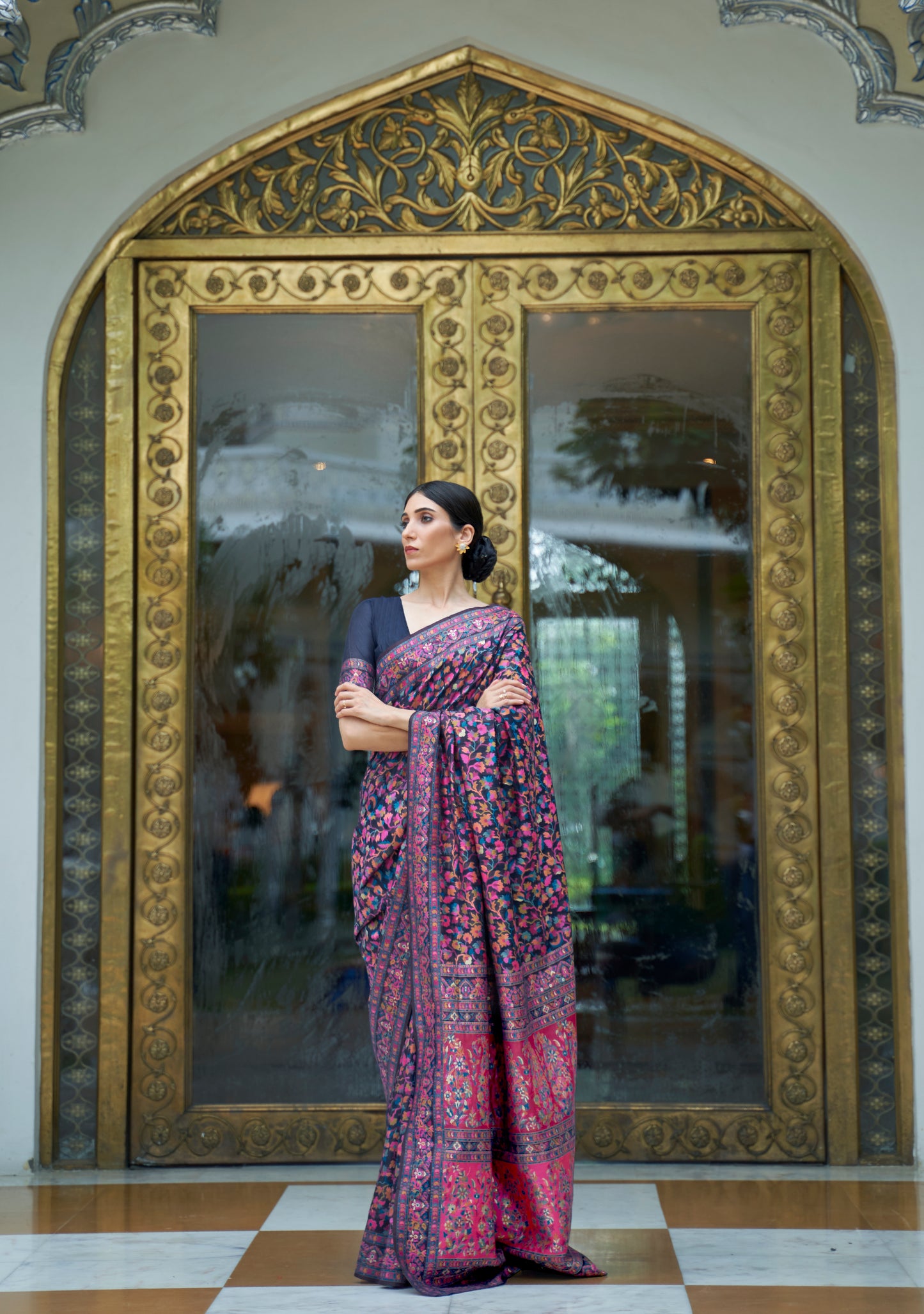 Dark Blue Kashmiri Handloom Modal Silk Woven Kani Saree for Weddings