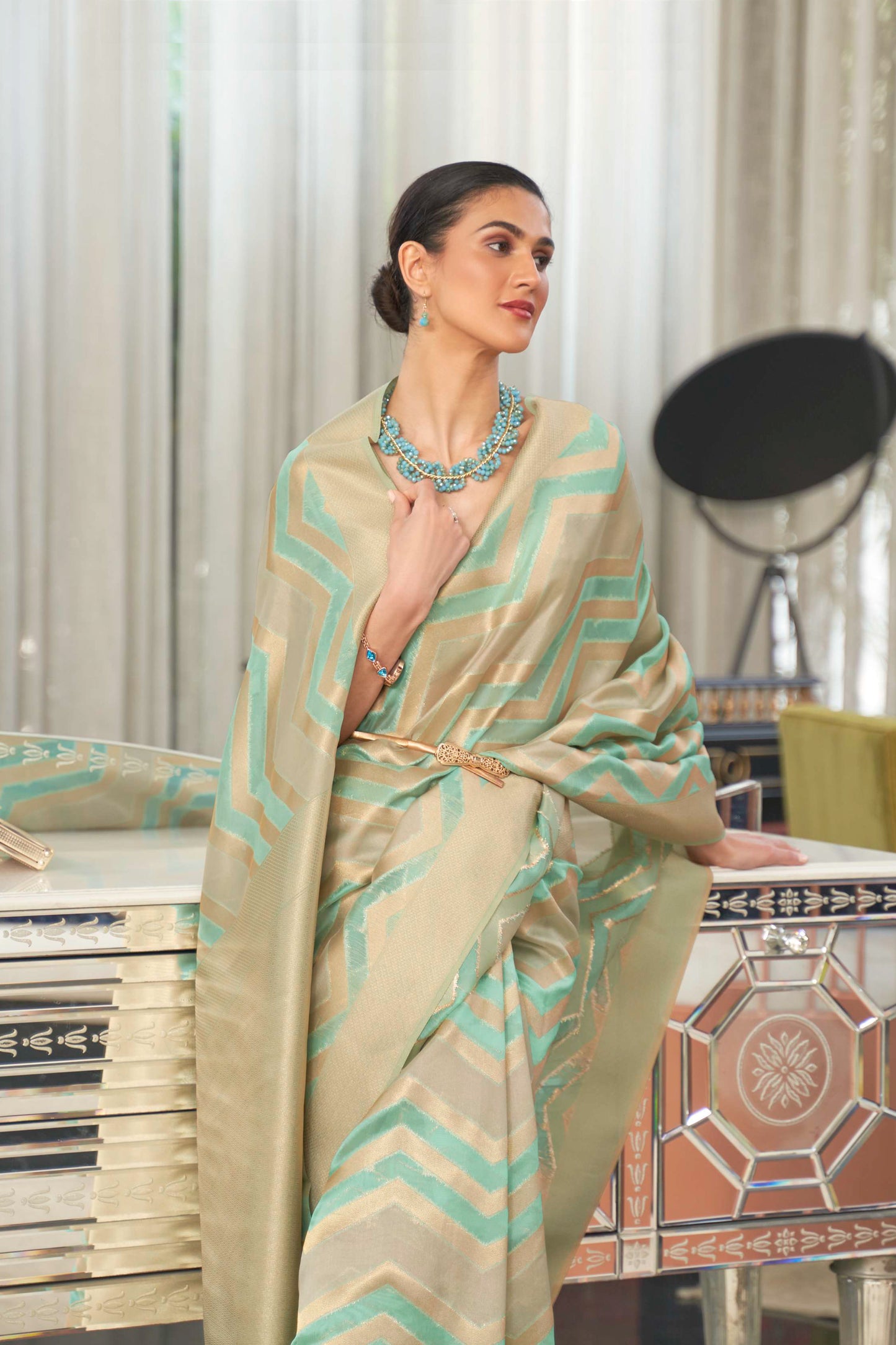 Sage Green Golden Soft Banarasi Organza Silk Saree with Blouse