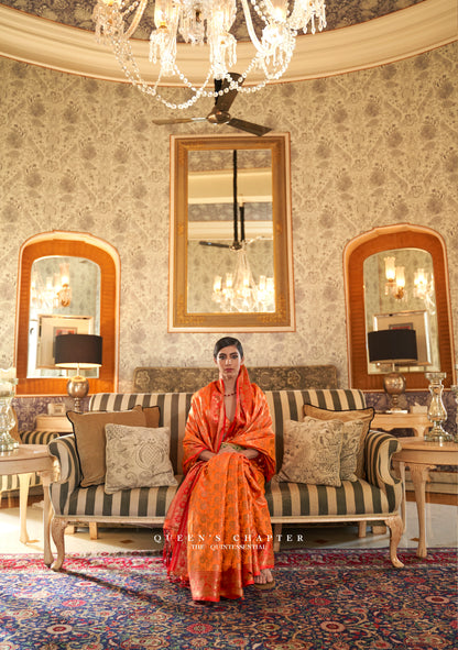 Pumpkin Orange and Golden Banarasi Weaving Silk Saree for Wedding Reception