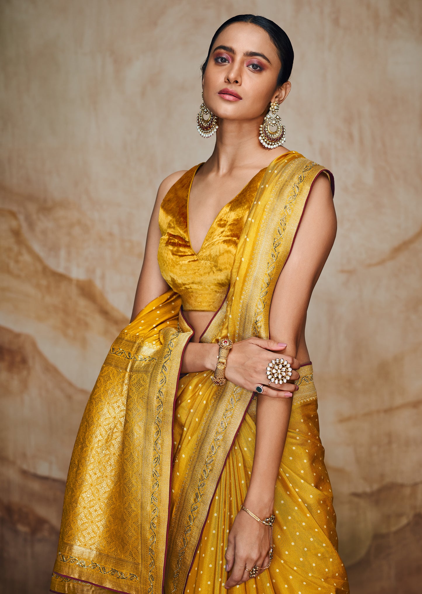 Mustard Yellow Bandhani Saree with Hand Embroidered Border and Velvet Blouse