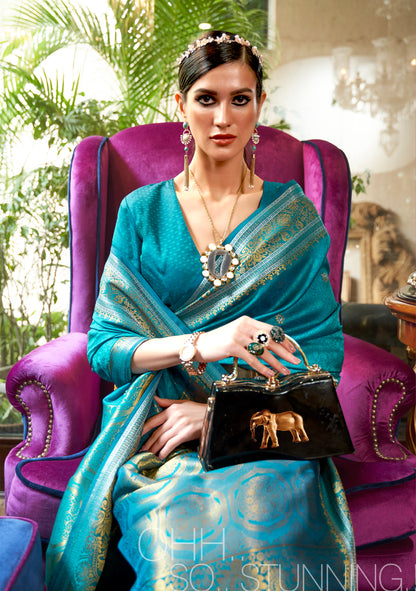 Olympic Blue Soft Banarasi Silk Saree with Golden Zari Weaving