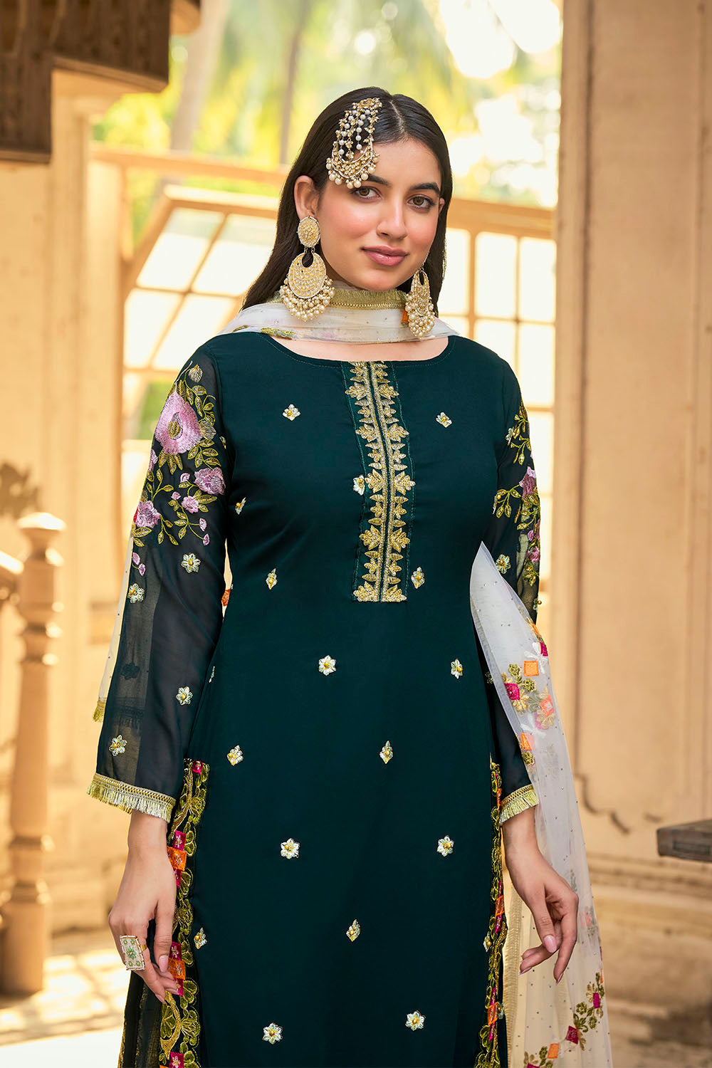 Dark Green Lucknowi Inspired Salwar Suit with Dupatta