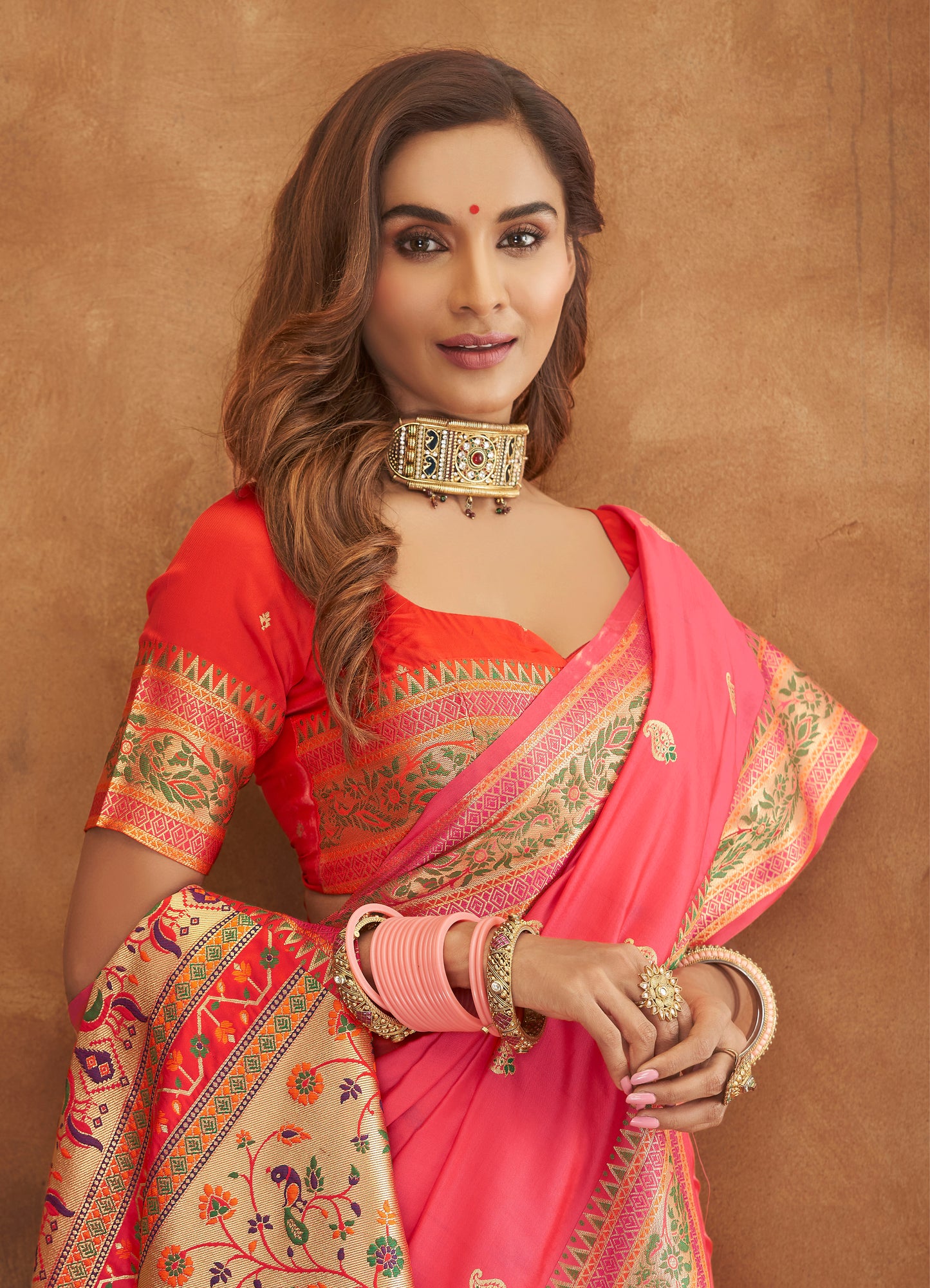 Serene Peach Woven Paithani Soft Silk Saree for Weddings