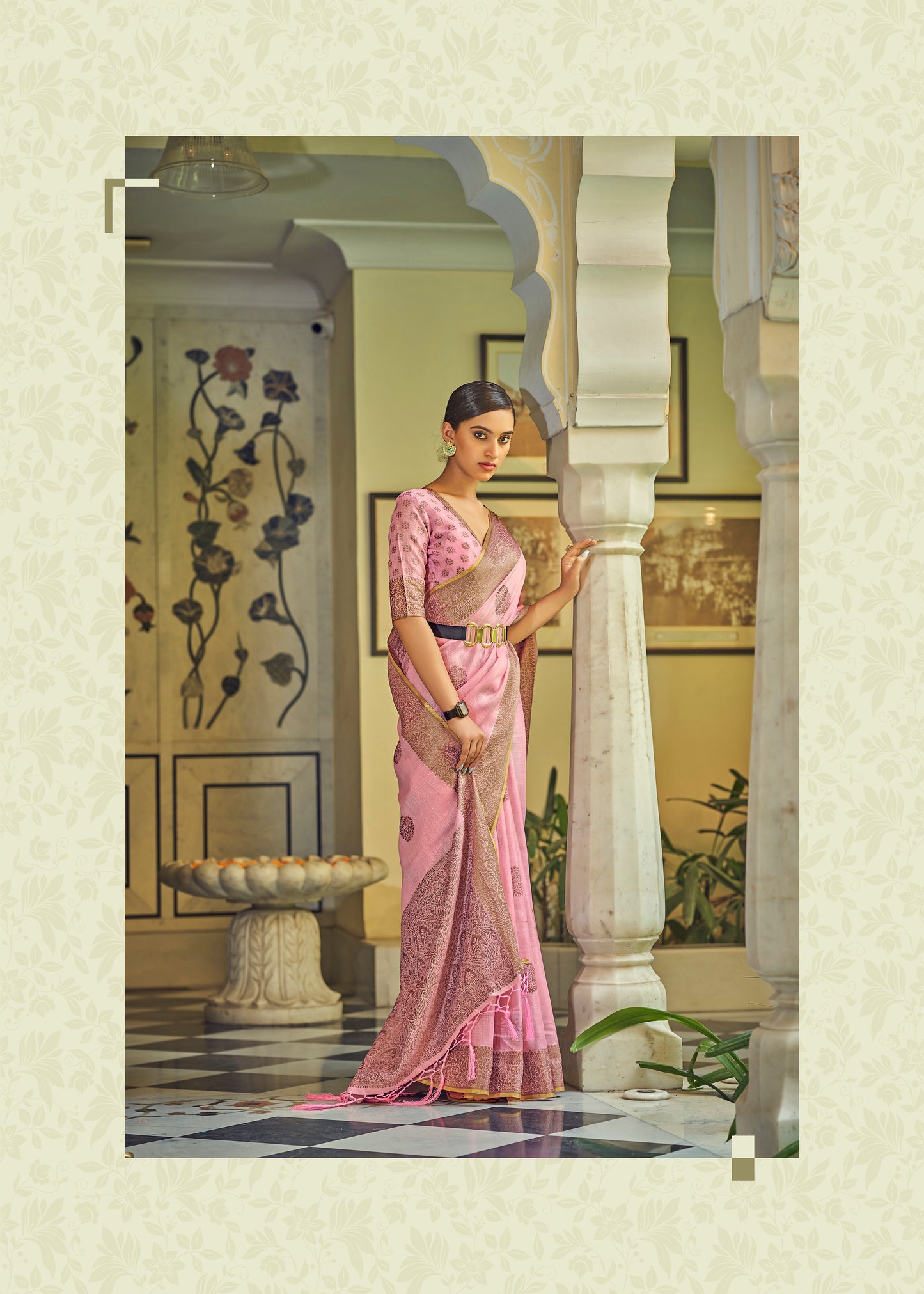 Pure Linen Designer Silk Saree In Pink