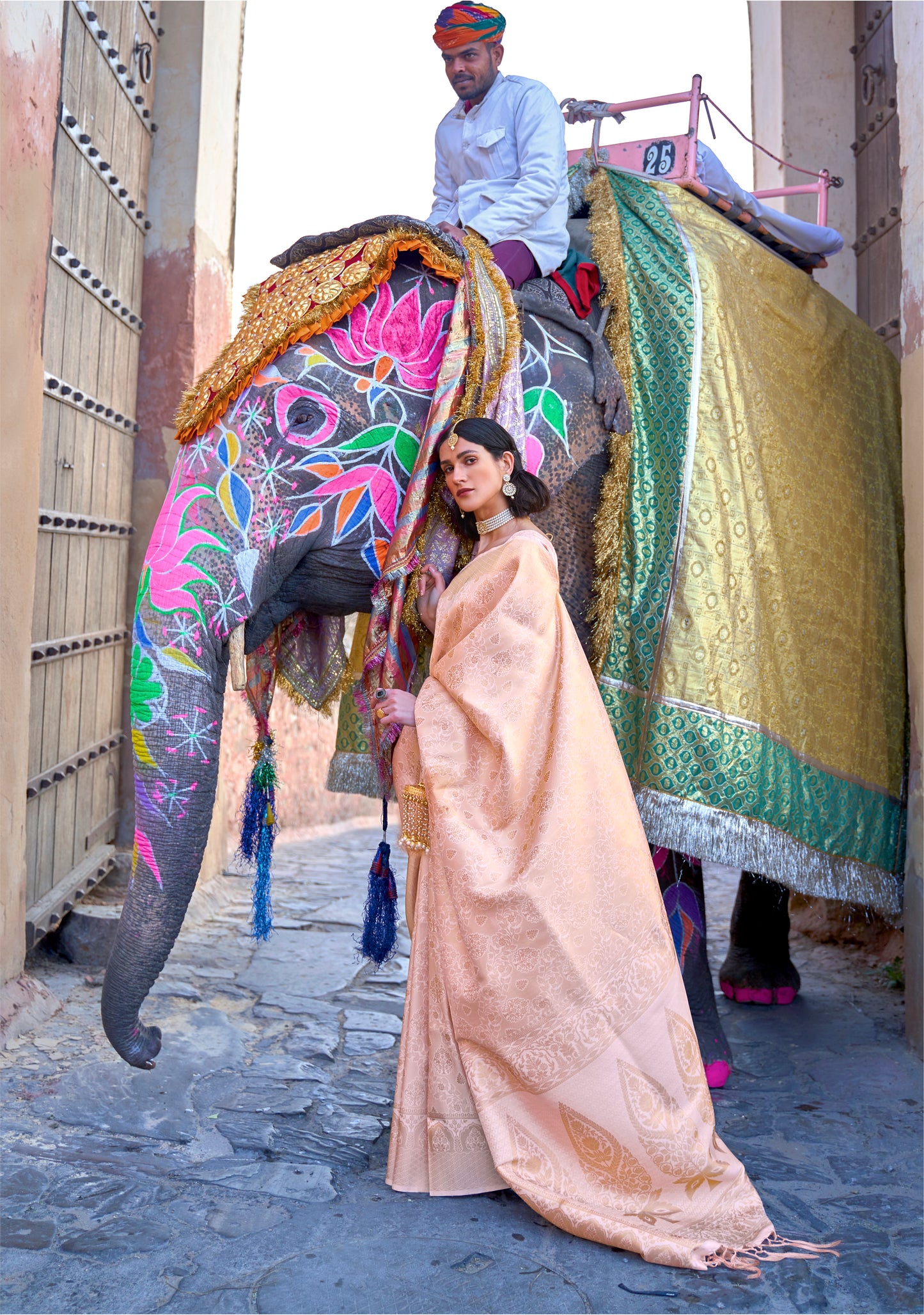 Rose Gold Brocade Single Tone Kanjivaram Saree With Zari Weaving