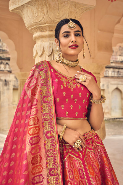 Red & Pink Stunning Crushed Silk Lahenga Choli