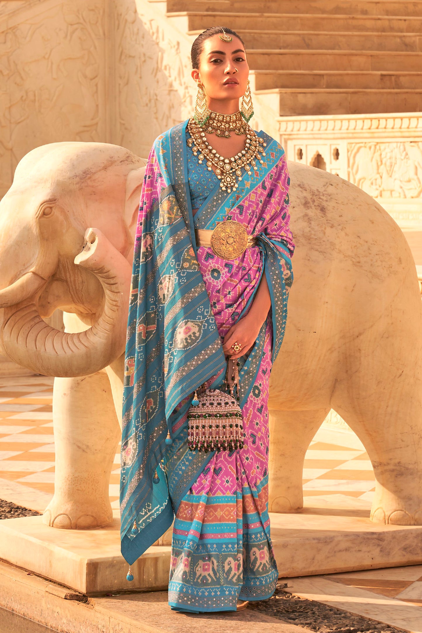 Bubble Pink Woven Patola Designer Saree with Elephant Border