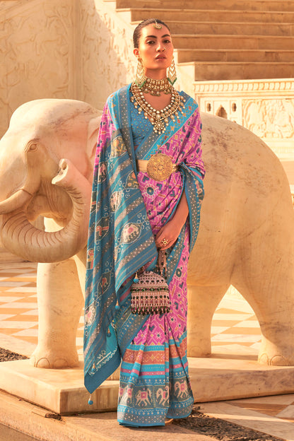 Bubble Pink Woven Patola Designer Saree with Elephant Border