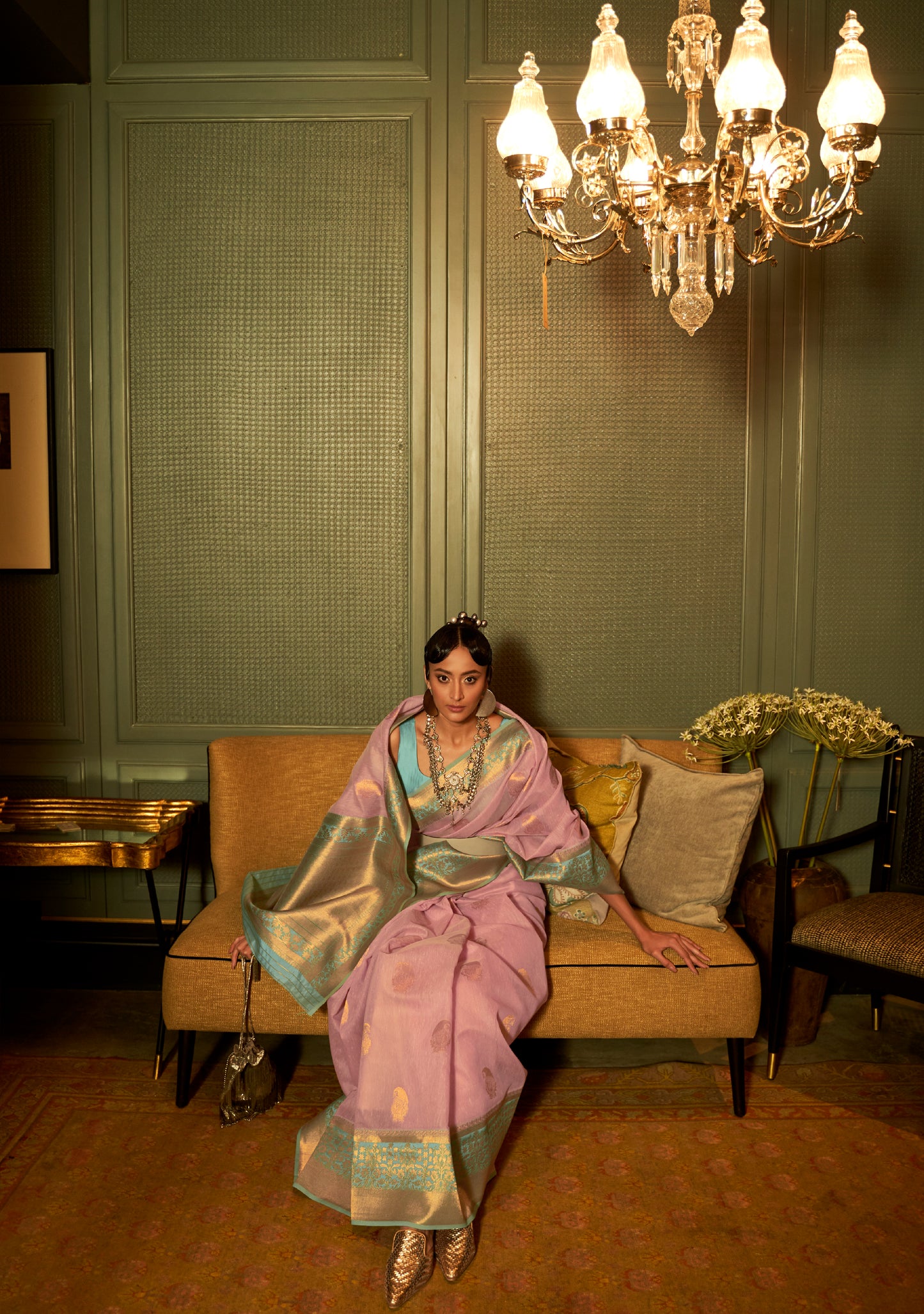 Rose Pink & Green Woven Linen Silk Saree