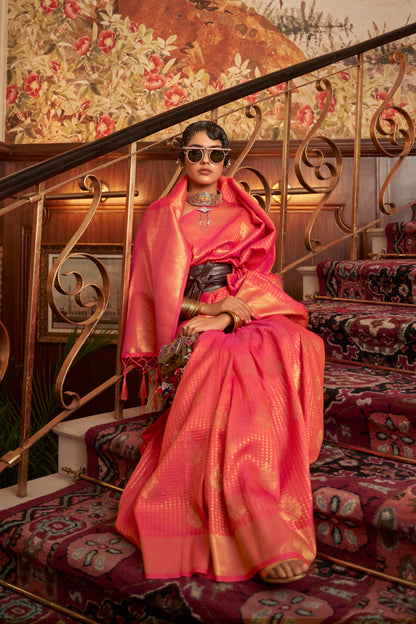 Merigold Orange Designer Kanjivaram Saree With Copper Zari Pallu