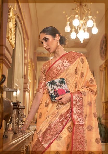 Orange with Red Soft Tussar Silk Saree with Copper Zari Butti