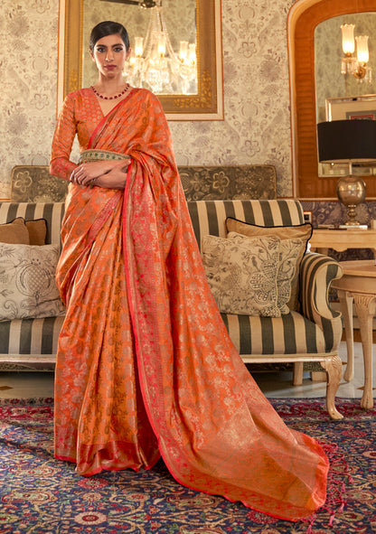 Pumpkin Orange and Golden Banarasi Weaving Silk Saree for Wedding Reception